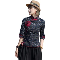 2021 new spring summer women half sleeve cotton linen blouse chinese style vintage floral improved cheongsam shirt women tops