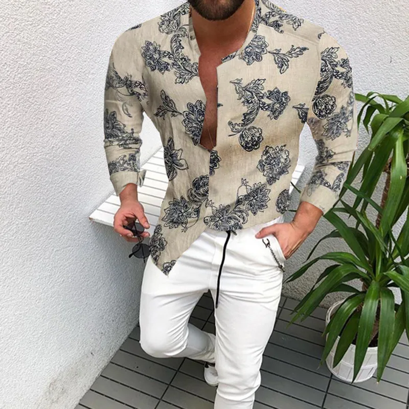 

Мужская Повседневная рубашка из хлопка и льна ZOGAA, гавайская пляжная блузка с длинными рукавами и цветочным принтом, весна-лето