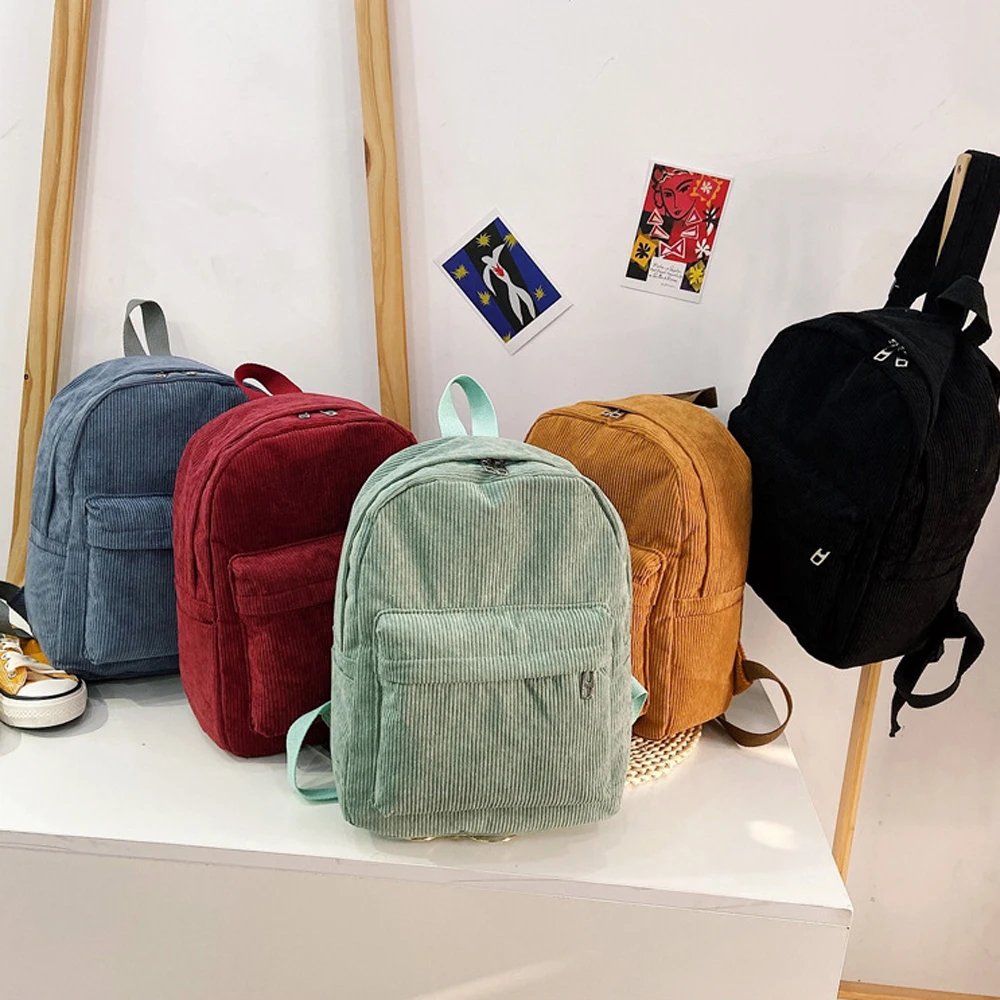 

New Corduroy Backpack Fashion Women Shoulder Bag Pure Color Women Backpack Teenager Girl School Bags Female Unisex Bagpack