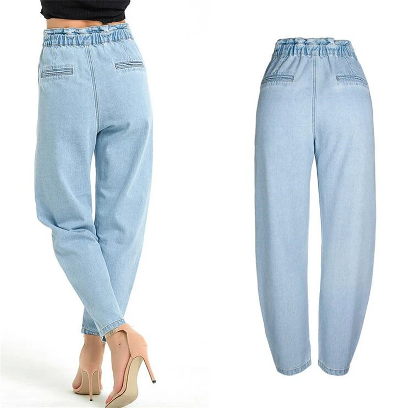 Джинсы женские свободные с высокой талией штаны из денима эластичным поясом