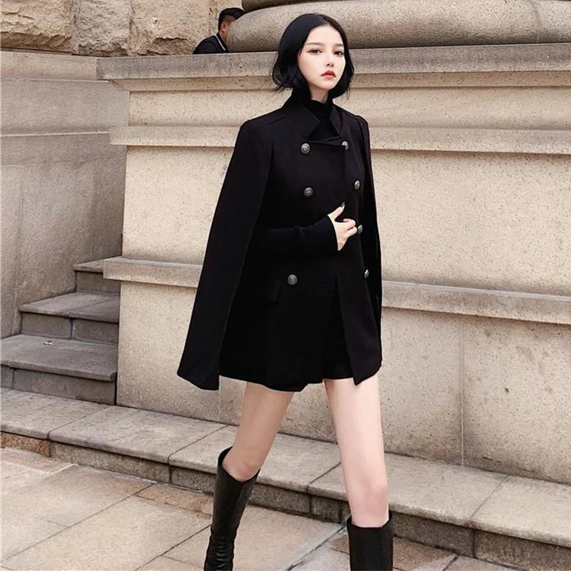 

Women Bat Type British Ladies Black Retro Slim Clothings 2021 Spring Autumn Cloak Coat