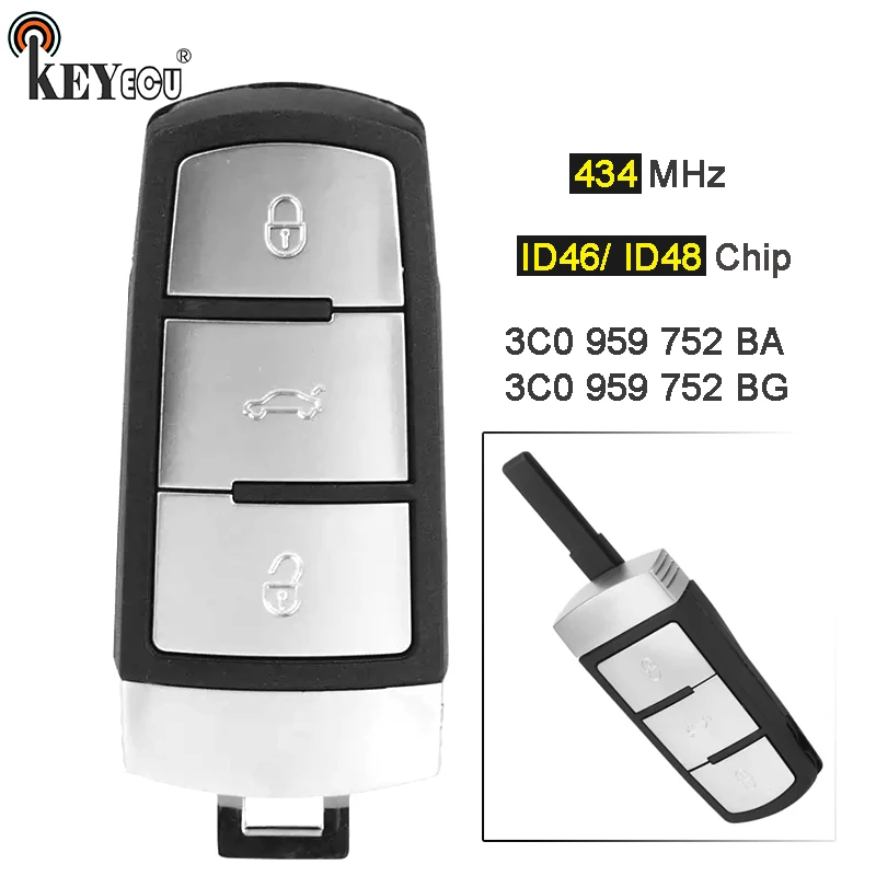 

KEYECU 434MHz ID46/ ID48 Chip 3C0 959 752 BA/ BG 3 Button Smart Remote Key Fob for VW VolkMagotan Passat CC B6 2009-2013