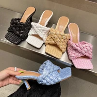 straw slippers women summer heels shoes square toe female casual cane slides slip on fashion flips flops 2021 brand new style