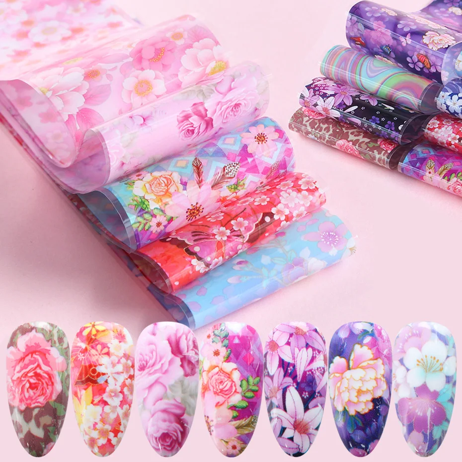 10 шт. Голографическая фольга для ногтей наклейка на ногти Цветущий цветок