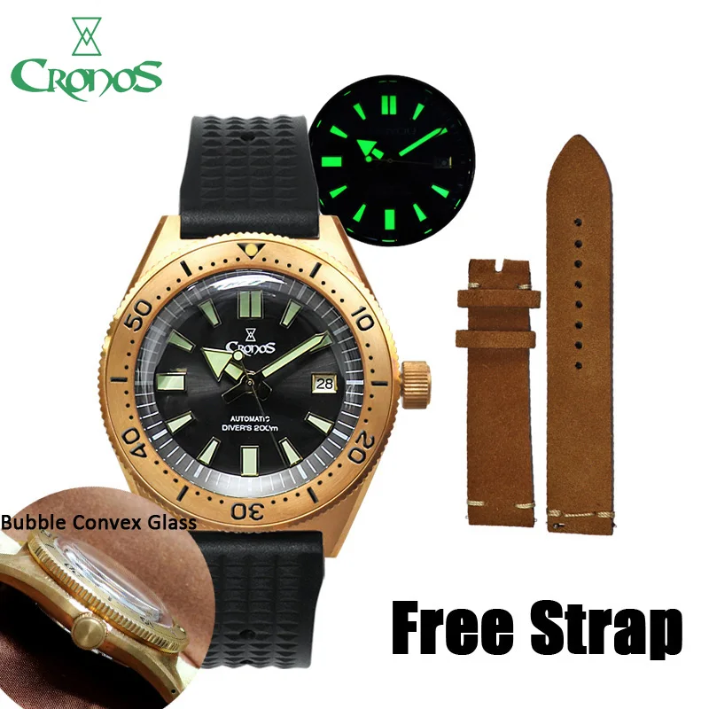 

Cronos Men's Bronze Dive Watch Bubble Convex Sapphire CUSN8 Brass Case NH35 Automatic Movement 200M Water Resistance 62MAS Watch
