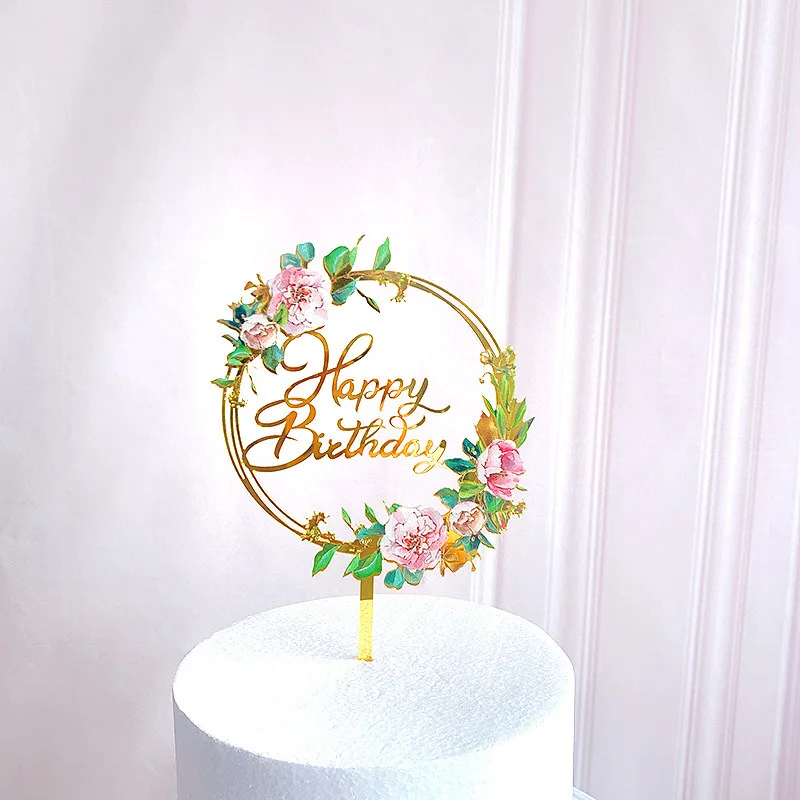 

New Colored flowers Happy Birthday Cake Topper Golden Acrylic Birthday party Dessert decoration for Baby shower Baking supplies