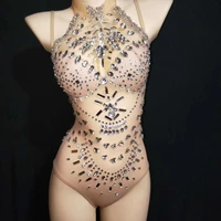 halter rhinestone screen perspective female sexy tight fitting catsuits womens fashion slim pole dancer performance costumes