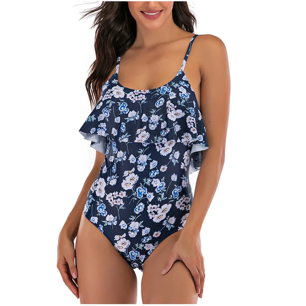 Bikinis 2019 Mujer Women Slim Sexy Backless Halter Beach Ruffle Floral Print Swimwear Maillot De Bain Femme Biquini Monokini |