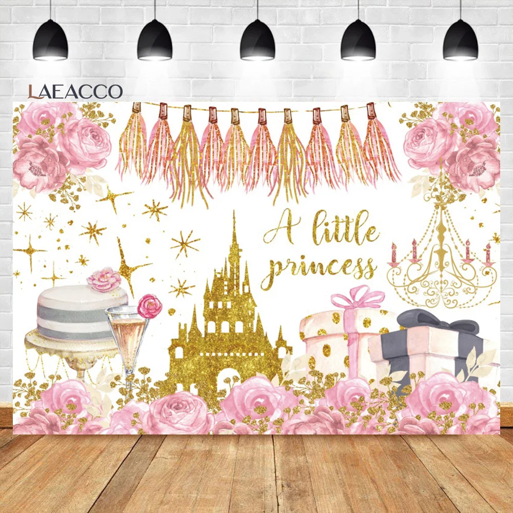 

Laeacco Little Princess Birthday Background Golden Castle Floral Gift Baby Shower Girl Portrait Customized Photography Backdrops