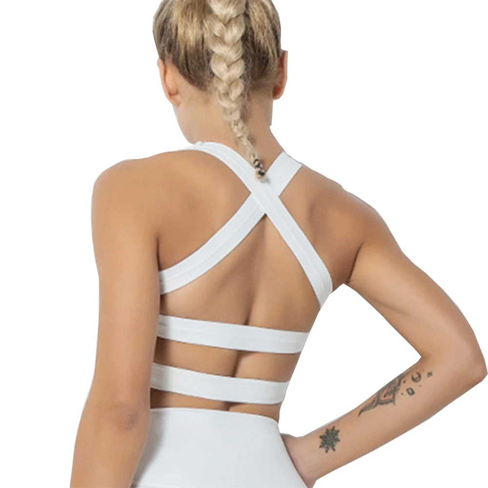 

Women's Running Bra Suits Cross Strap High Impact Sports Bras Summer Sportwear White Color Padded Shockproof Yoga Brassiere Tops