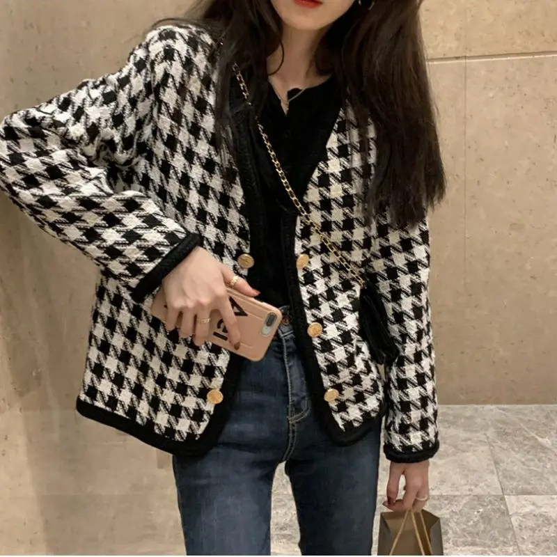 

2021 tweed Plaid spring thin coat women's new loose and versatile