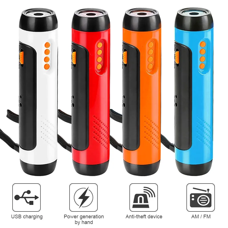 

Portable LED Camping Flashlight Hand Crank Dynamo Solar Powered Rechargeable Torch with FM Radio and Horn Emergency Lantern