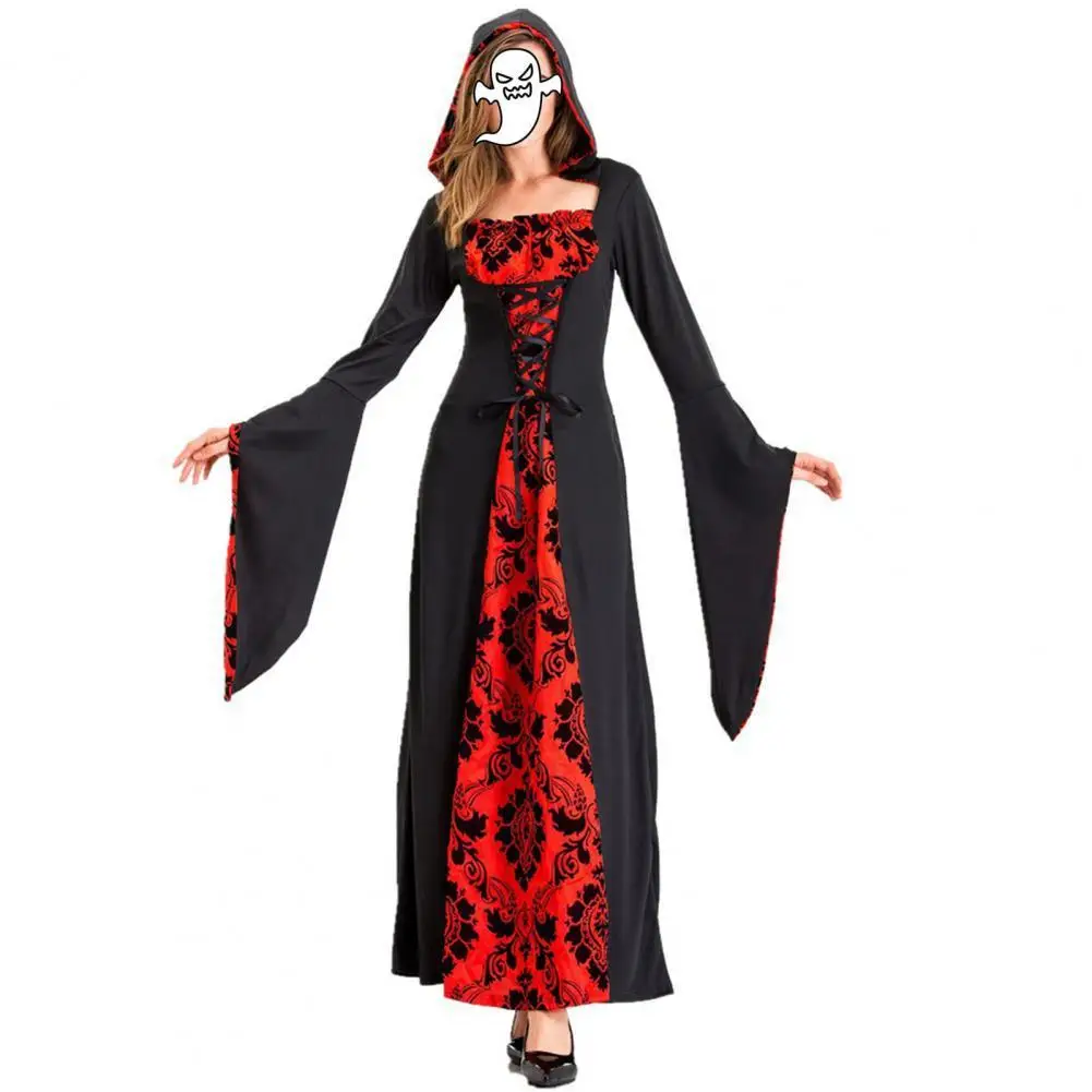 

Halloween Cosplay Costume Flare Sleeve Square Neck Party Dresses for Women Black Red Bandage Hooded Retro Print Dress