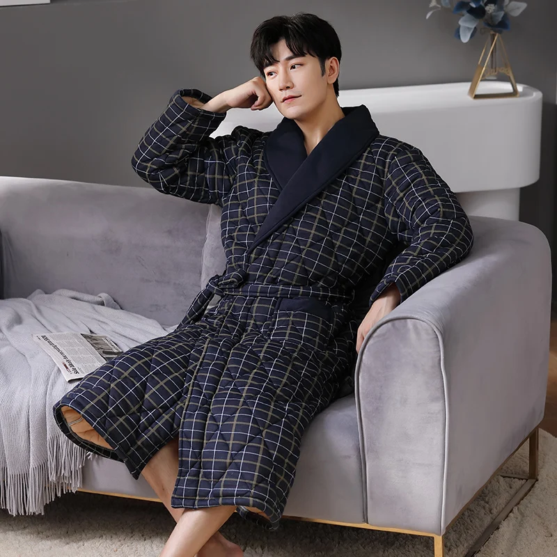 Winter Robe Thick Warm Men's 3 Layer Cotton Robe Long Sleeve Comfortable Soft Plaid Male Bathrobe L-XXXXL