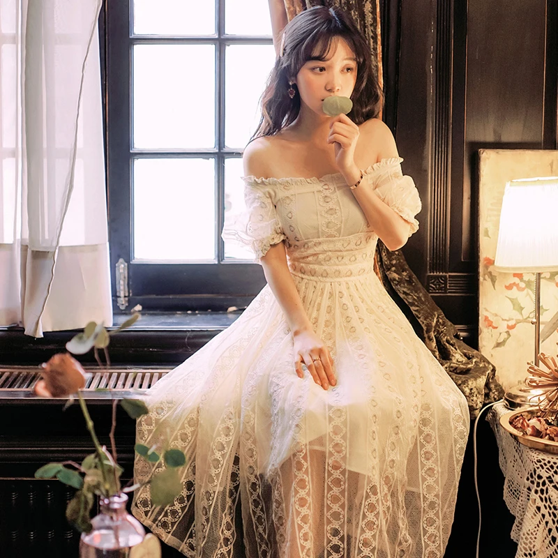 

2021 Summer New Style Very Fairy French Dress Rainbow Love Lace Retro Apricot Free Shipping