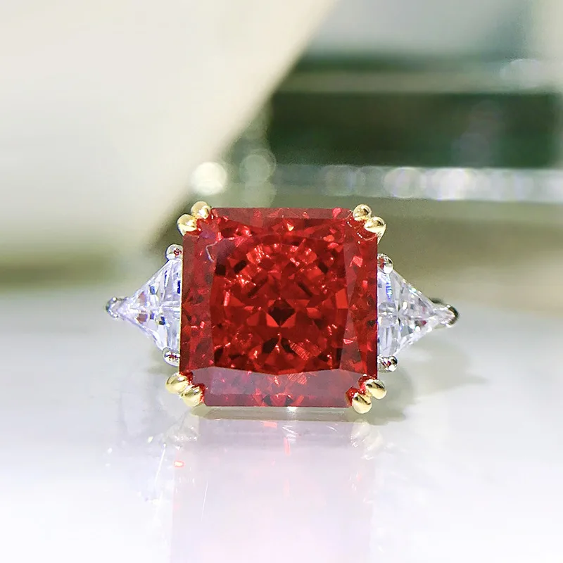 

925 Sterling Silver Wedding Ring for Women Luxury 10*10MM Red Zircon Gemstone Rings Fine Jewelry