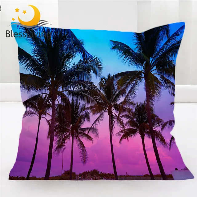 BlessLiving Palm Trees Cushion Cover Tropical Leaf Pillow Case Miami Beach Sunset Decorative Throw Pillow Cover 3D Funda Cojin 1