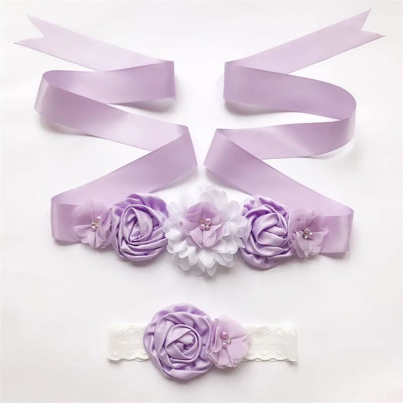 Cintur&oacute;n de encaje de flores para maternidad, banda de apoyo para fotos, cinta de perlas para el embarazo, 2 unids/set por Set-2