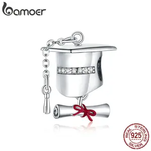 Оригинальный серебряный браслет bamoer BSC357 из 925 пробы с фианитами, квадратная шапка для колледжа, металлический Шарм для оригинального серебряного браслета, милые Подвески сделай сам, подарок