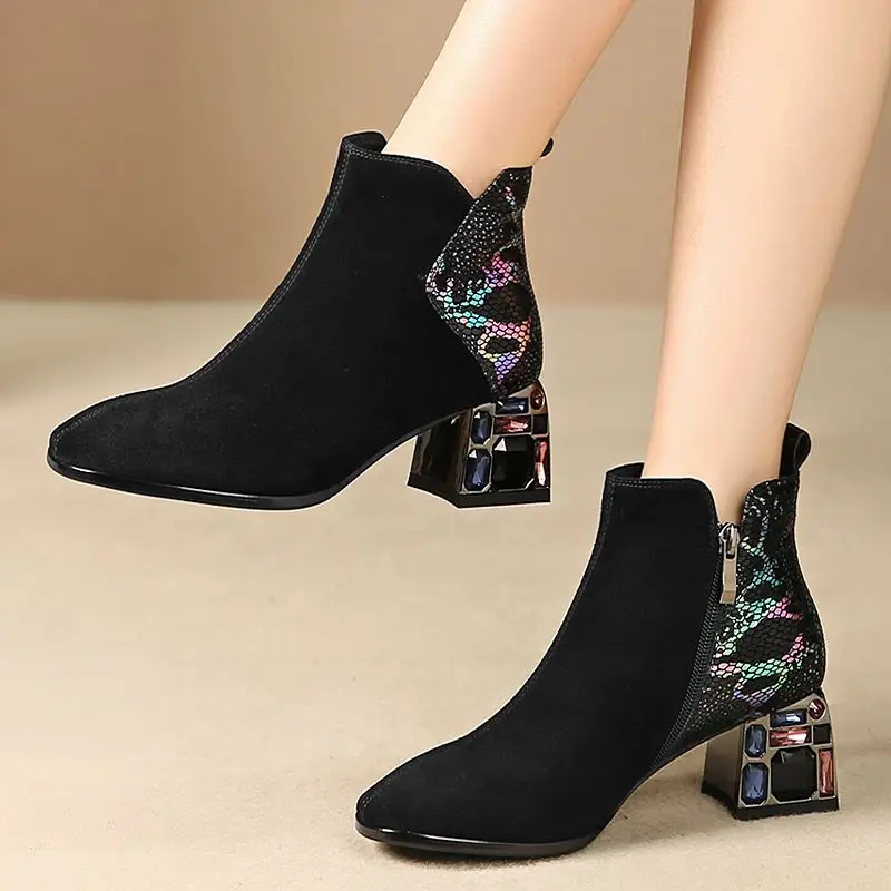 Женские ботильоны на высоком каблуке ALLBITEFO натуральная кожа со стразами зимняя