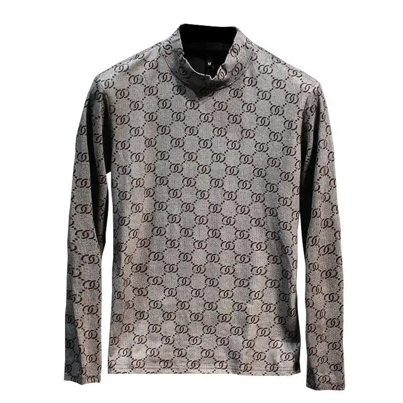

Mid-collar long sleeve t-shirt men's autumn and winter trend personality print slim half high collar bottom shirt men