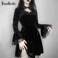insgoth vintage sexy velvet skull pendant dress mall gothic high waist flared sleeve lace mini dresses ladies club party dresses
