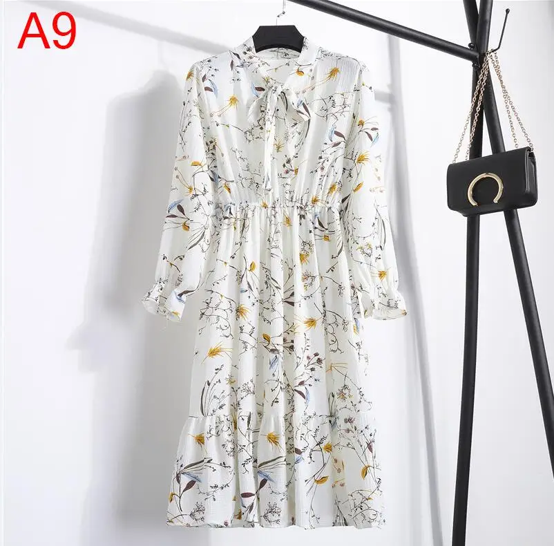 Корейская черная рубашка Vestidos для офиса в горошек, винтажные осенние платья, Женское зимнее платье, миди платье с цветочным рисунком и длинным рукавом для женщин - Цвет: 09