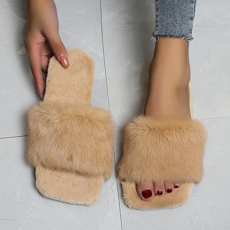 

2020 Winter Fashion Women Slippers Faux Fur Solid Color Slip-on Warm Slippers Comfortable Flats Female Slides Casual Home Shoes