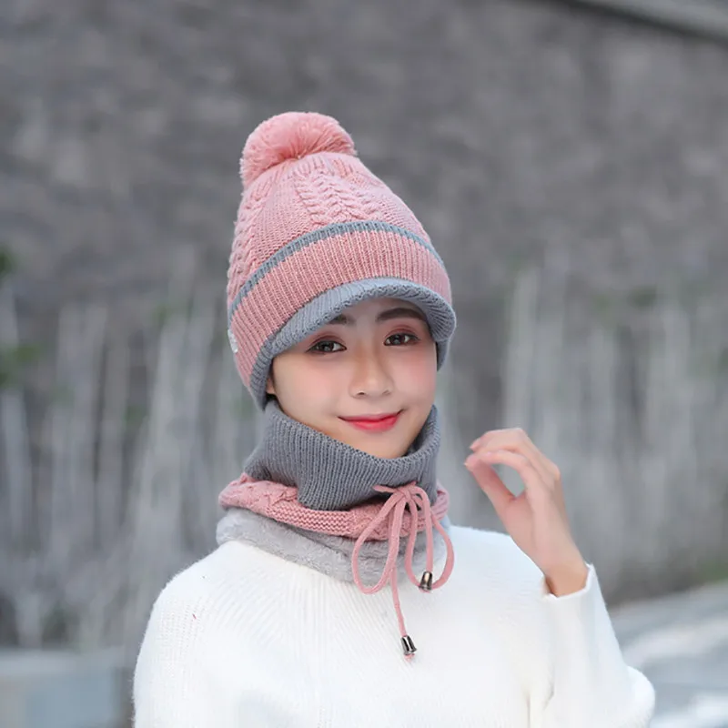 Зимняя Шапка-бини, женский шарф в комплекте, акриловая вязаная однотонная шапка, плотная теплая мягкая дышащая шапка для лица, уличный воротник, слюнявчик, берет с ушами