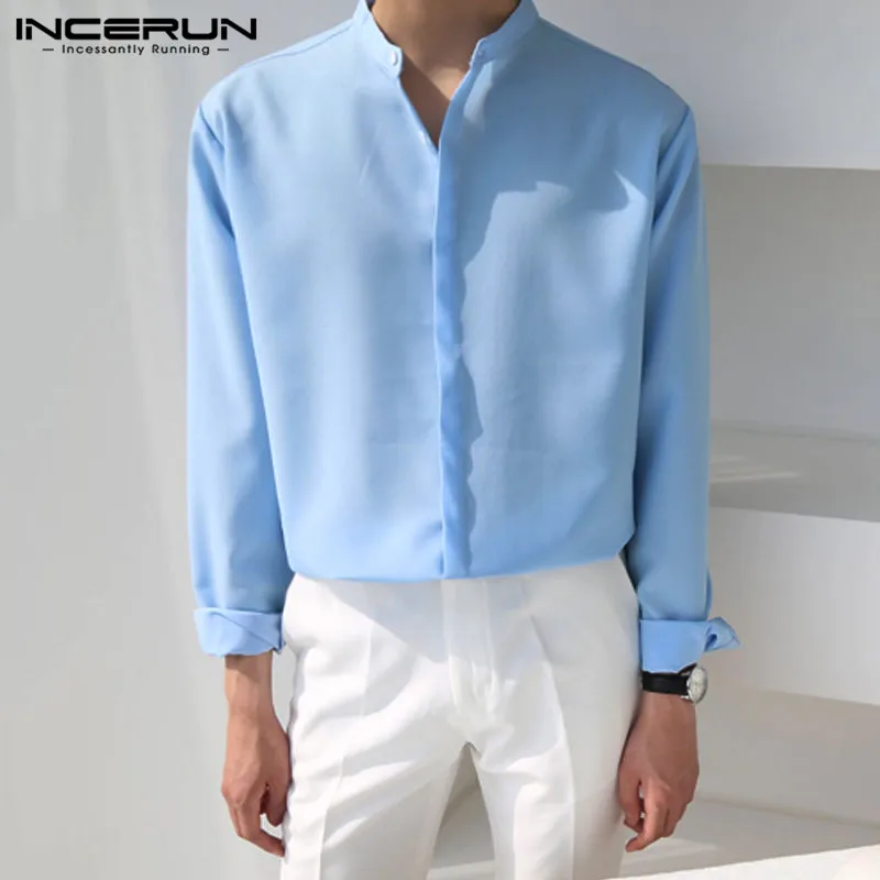 INCERUN Fashion Men Casual Shirt Streetwear Long Sleeve Stand Collar Button Camisas 2023 Korean Solid Color Men Brand Shirts 5XL