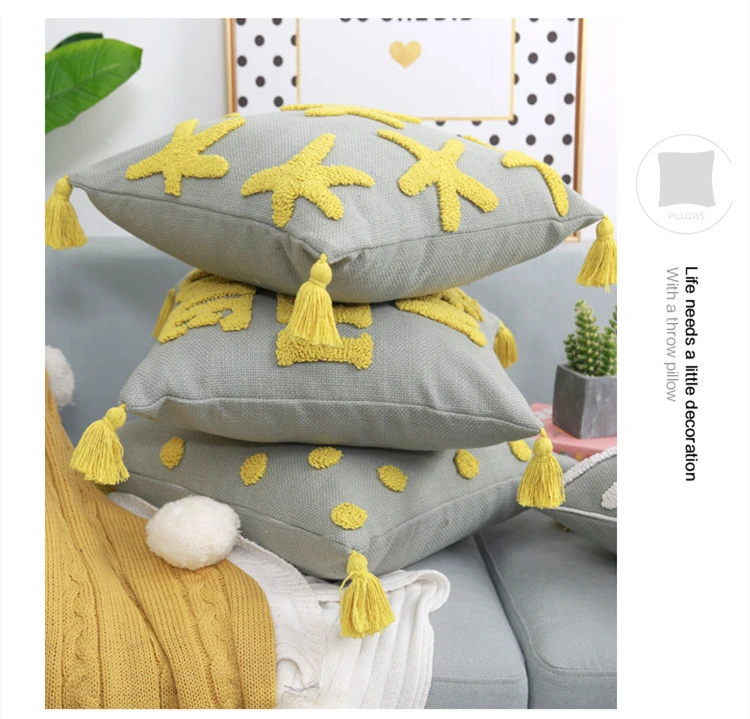 

Sea Star Design Cushion Cover Tassels Home Decor Pillow Cover 45x45cm Yellow Gray Sofa PillowCase Pillow Sham