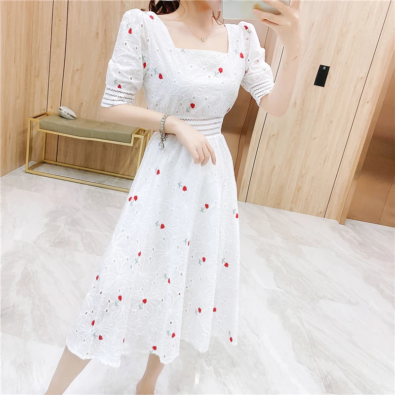 

Sweet Women Floral White Dress Summer High Waist Square Collar Hollow Out Dresses Vintage Vestidos Verano Korean Chic Fashion