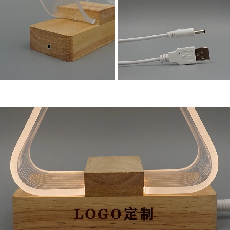 

Creative Usb Table Lamp Acrylic Triangle Lampshade Wood Base Bedroom Home Wedding Decoration Desk Night Light Bedside Lamp