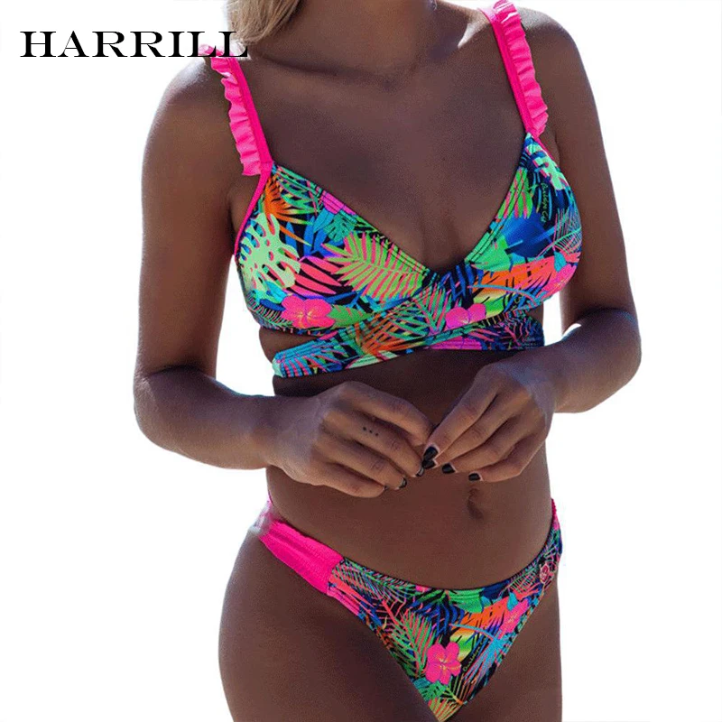 

Printed Hollow Ruffles Sexy Bikini Set Swimsuit Women Lace-Up Swimwear Female Plus Size Summer Bathing Suit Bikinis 2021 Mujer