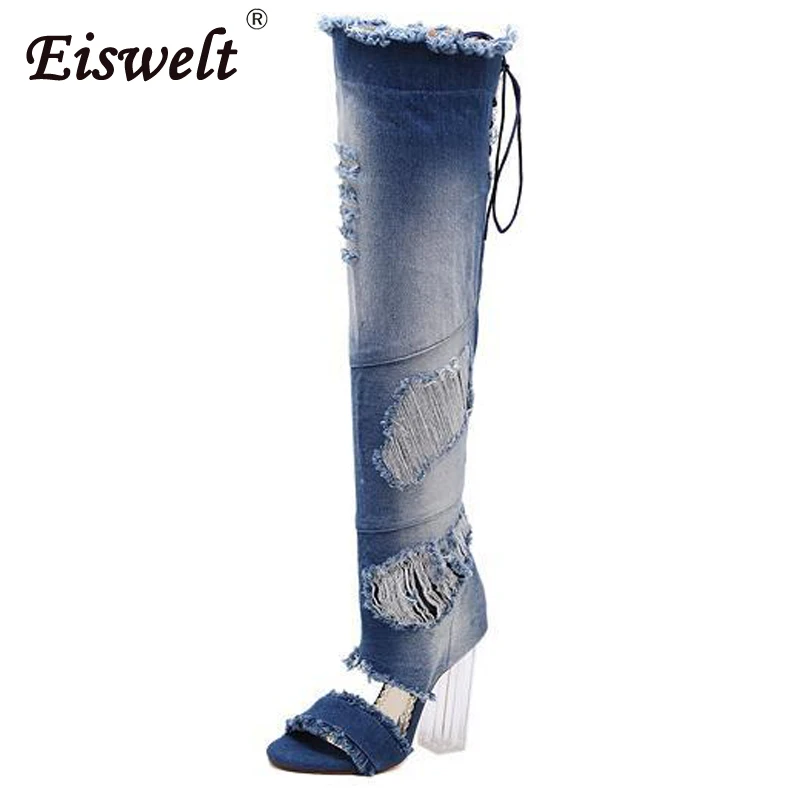 Женские джинсовые ботфорты с открытым носком на толстом высоком
