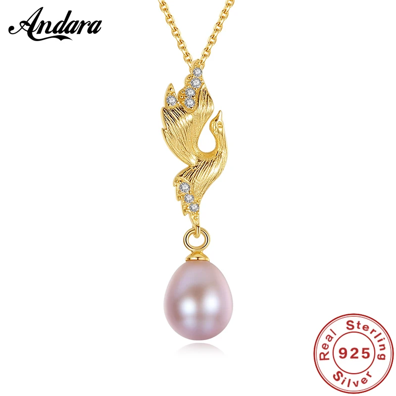 Brand New 925 Sterling Silver Natural Round Pearl Necklace Fashion Auspicious Phoenix Bird Pendant Female Pearl Necklace