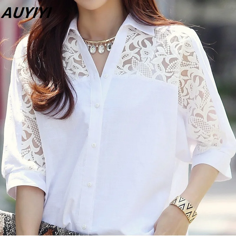 

AUYIYI 2021 Summer Fashion New Korean Version Of Large Size Chiffon Shirt Lace Shirt Loose Five-Point Sleeve Short-Sleeved Shirt