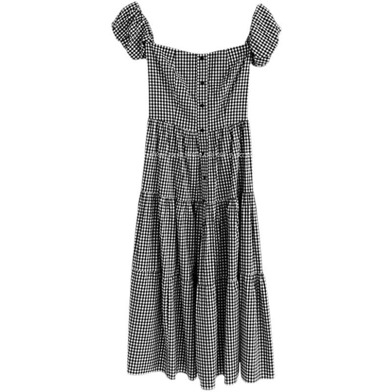 

SuperAen Summer Women's Single Row Buckled Off The Shoulder Short Sleeve Pleated Plaid Puff Sleeve Shirt Dress