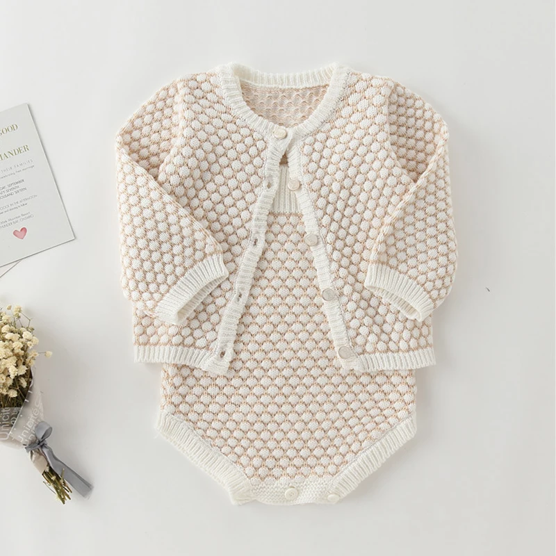

Spring Autumn Infant Baby Boys Girls Pure Color Knit Long Sleeve Coat + Rompers Clothing Sets Kids Boy Girl Suit Clothes 0-2Yrs