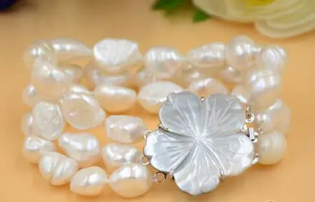 

3ROW 8" 8-10mm BAROQUE WHITE FRESHWATER PEARL BRACELET & shell Flower clasp@^Noble style Natural Fine jewe free shipping
