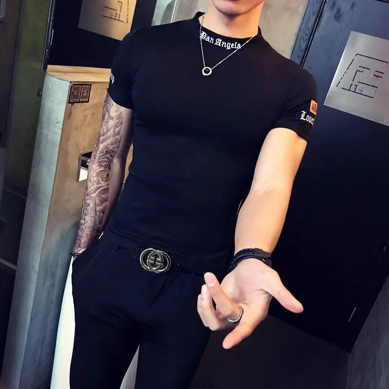 

Top Men T-shirt 2021 Korean Embroidery T-shirt Trend Tights Men's Small Shirt Upper Half Sleeve T-shirt Sleeve Style Fabric Type