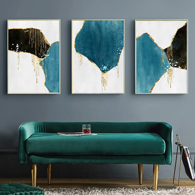 Абстрактная черная синяя Мраморная Золотая фольга холст живопись плакаты принты