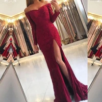 elegant satin red long sleeves evening dress mermaid lace appliques side split boat neck off shoulder long prom gown formal sexy