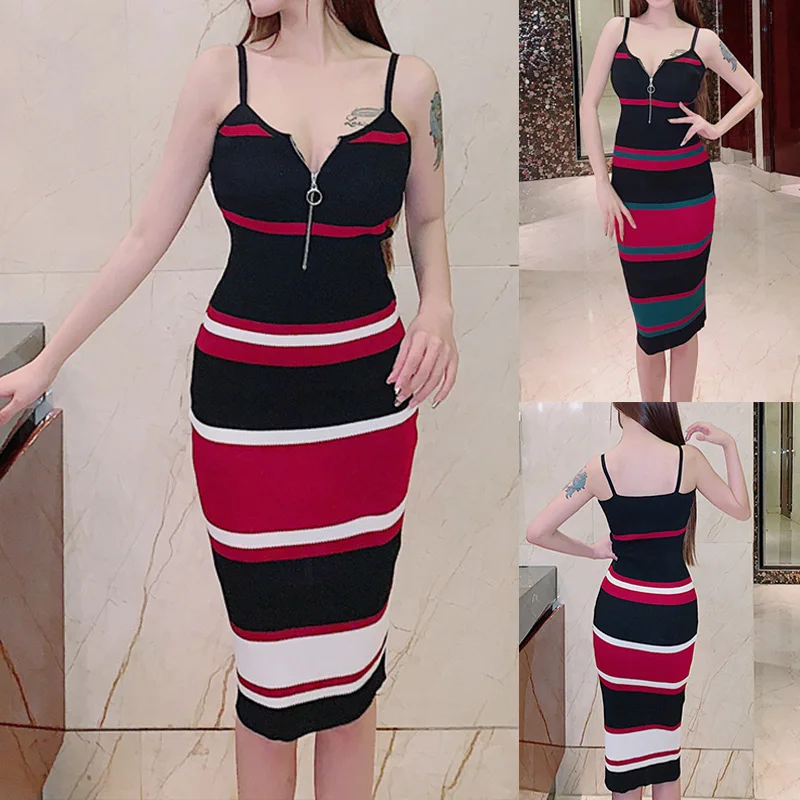 

Newest Women Striped Dress Slim Fit Strappy Bodycon Midi Dress for Summer
