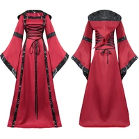 Halloween Cosplay Medieval Retro Hooded Dress With Square Neckline And Flared Sleeves Large Swing Dress Red Blue Black S-2XL