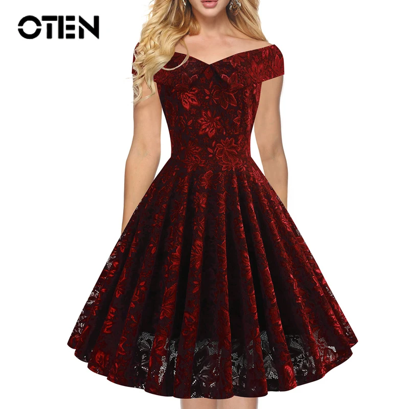 Женское винтажное платье до колен OTEN летнее с открытыми плечами и воротником