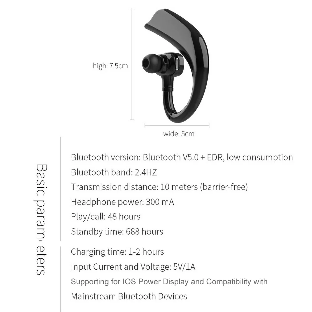 

Ergonomic Design 1Pc Ear Hook Wireless Bluetooth 5.0 Stereo Earphone 180 Rotary Receiver Anti-skid Hands-free Business Headset