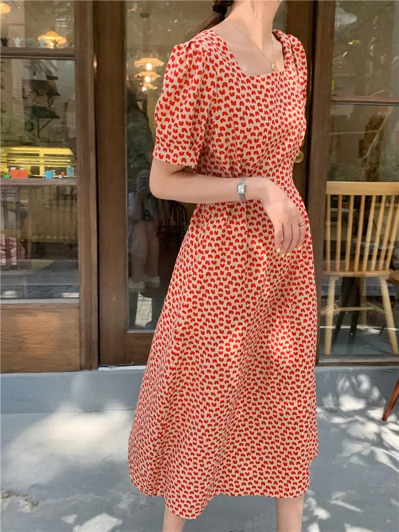 

Summer Long Dress Women's Retro Print Casua Vestidos Elegantes Para Mujer Short-Sleeved Chiffon Dress Square Collar Maxi Dress