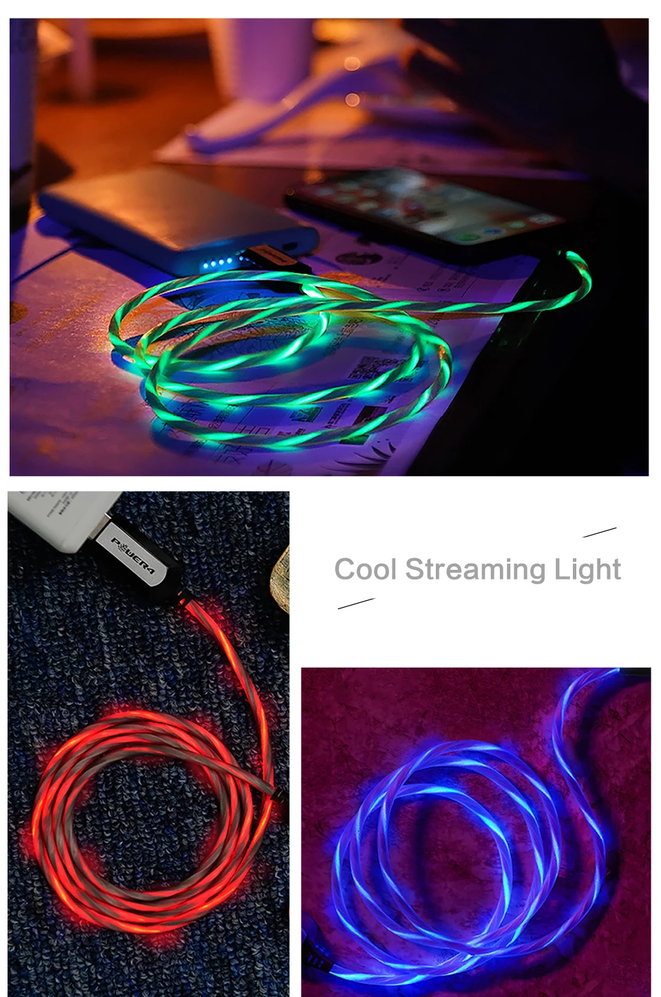Power4 с подсветкой Micro USB C зарядный кабель для iPhone samsung Led usb type-C зарядный провод для Lightning Apple светящийся кабель