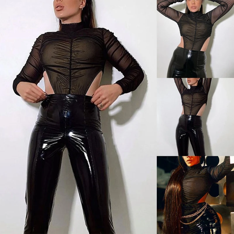 

Sexy Black Lace High Neck Pleated Mesh Long Sleeves with Stitching Sexy Tights